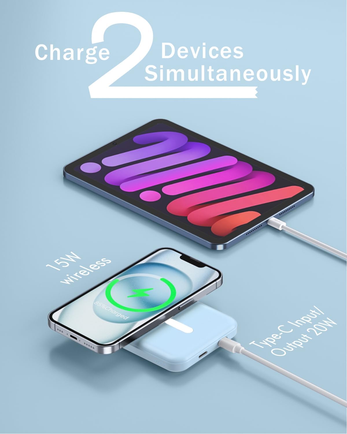 podoru for Magsafe Battery Pack, 5000mAh Magnetic Power Bank with Type-C Cable 20W PD Fast Charging Lighting Input Wireless Portable Charger for iPhone 17/16/15/14/13/12/ All Series-Sierra Blue