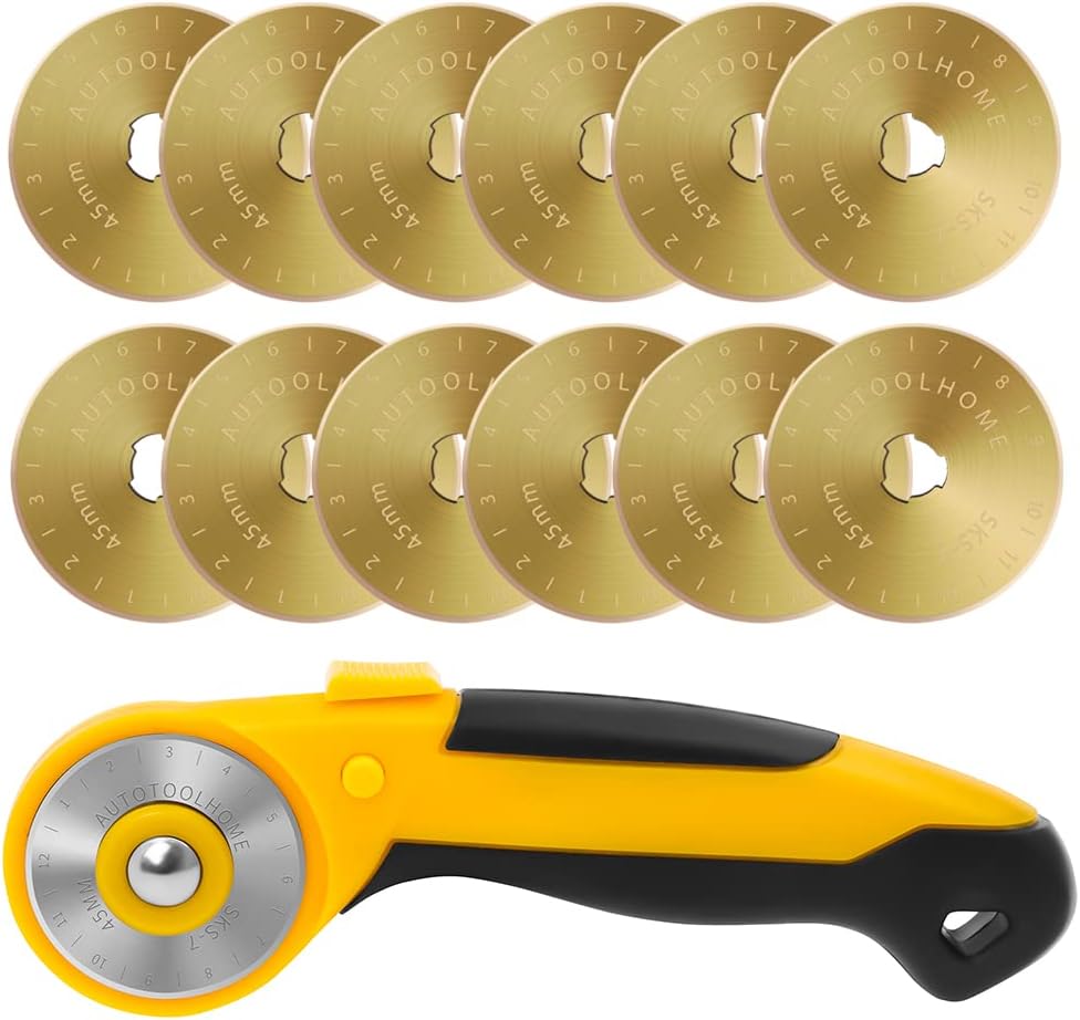 AUTOTOOLHOME 45mm Rotary Cutter Automatic Fabric Cutter Quick Change Blades with Safety Lock for Quilting, Sewing, Crafts, 10pcs Titanium Replacement Blades