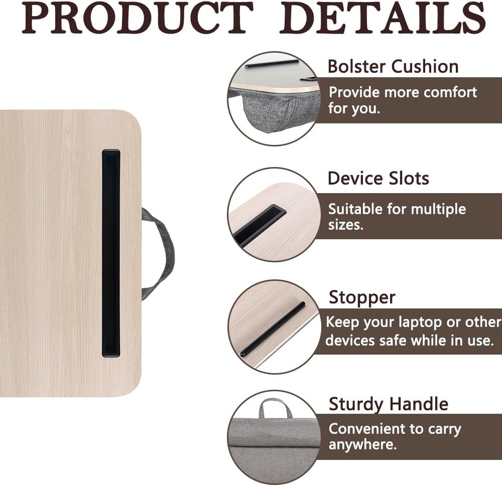 Portable Laptop Desk Fits Up to 16“ Laptops, with Tablet Slot, Built-in Cushion, Great for Home & Office,Lap Desk for Laptop,Lap Desk with Cushion (Light Wood, Medium)