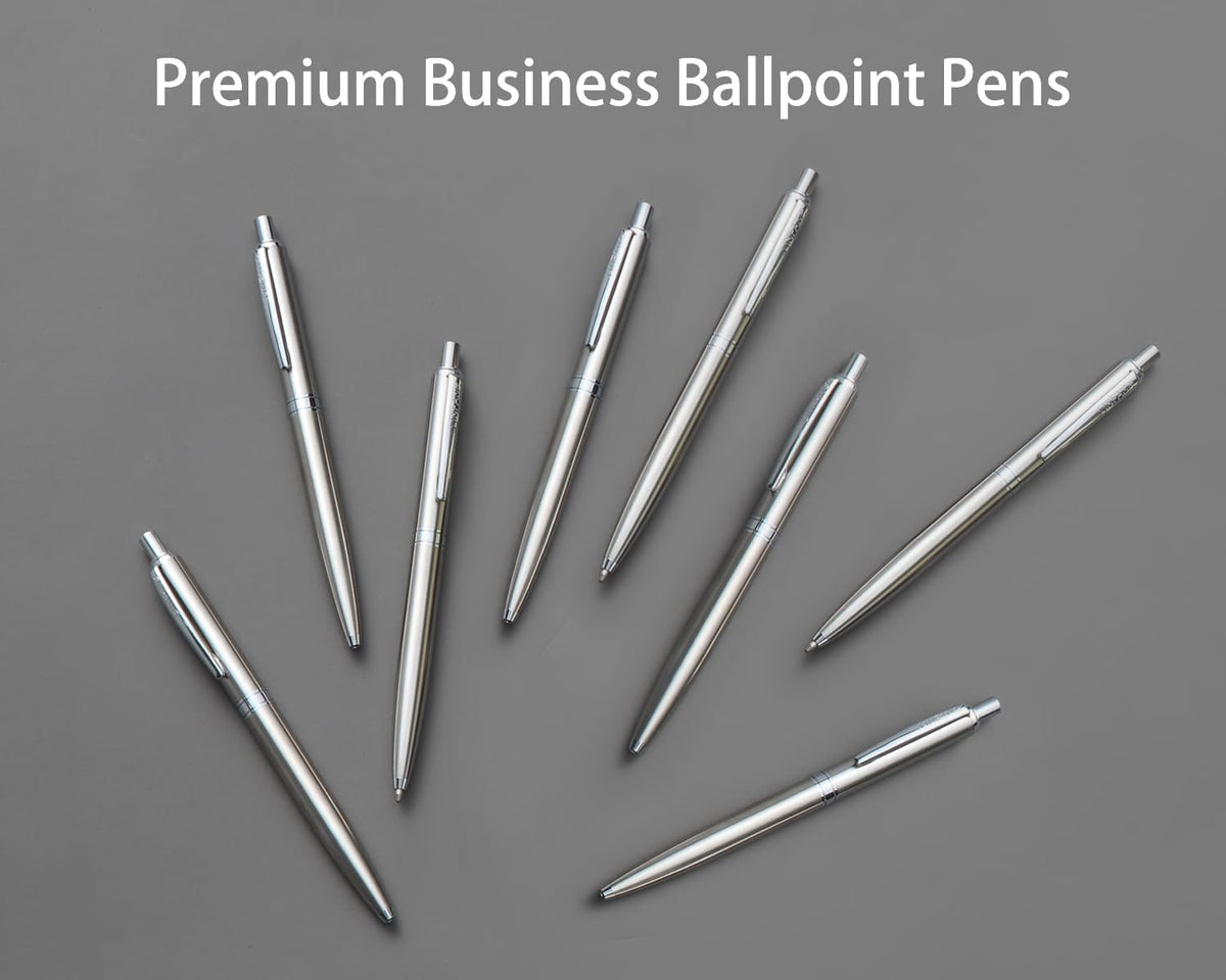 LINFANC 8 Pack Ballpoint Pens, Premium Retractable Metal Ballpoint Pen, Medium Point 1.0mm Black Ink Pen for Home School Work Office Supplies, Stainless Steel Trim, Extra 8 Refills