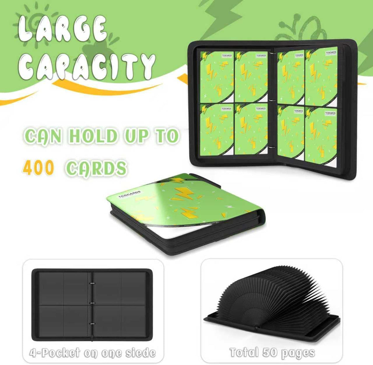 Trading Card Binder 4 Pocket，Card Binder 400 Pockets Card Book Holder Cards with 50 Removable Sleeves，3-Ring Zip Design MTG/TCG/Sport Collectible Trading Card Albums Gifts for Boys and Girls (Green)