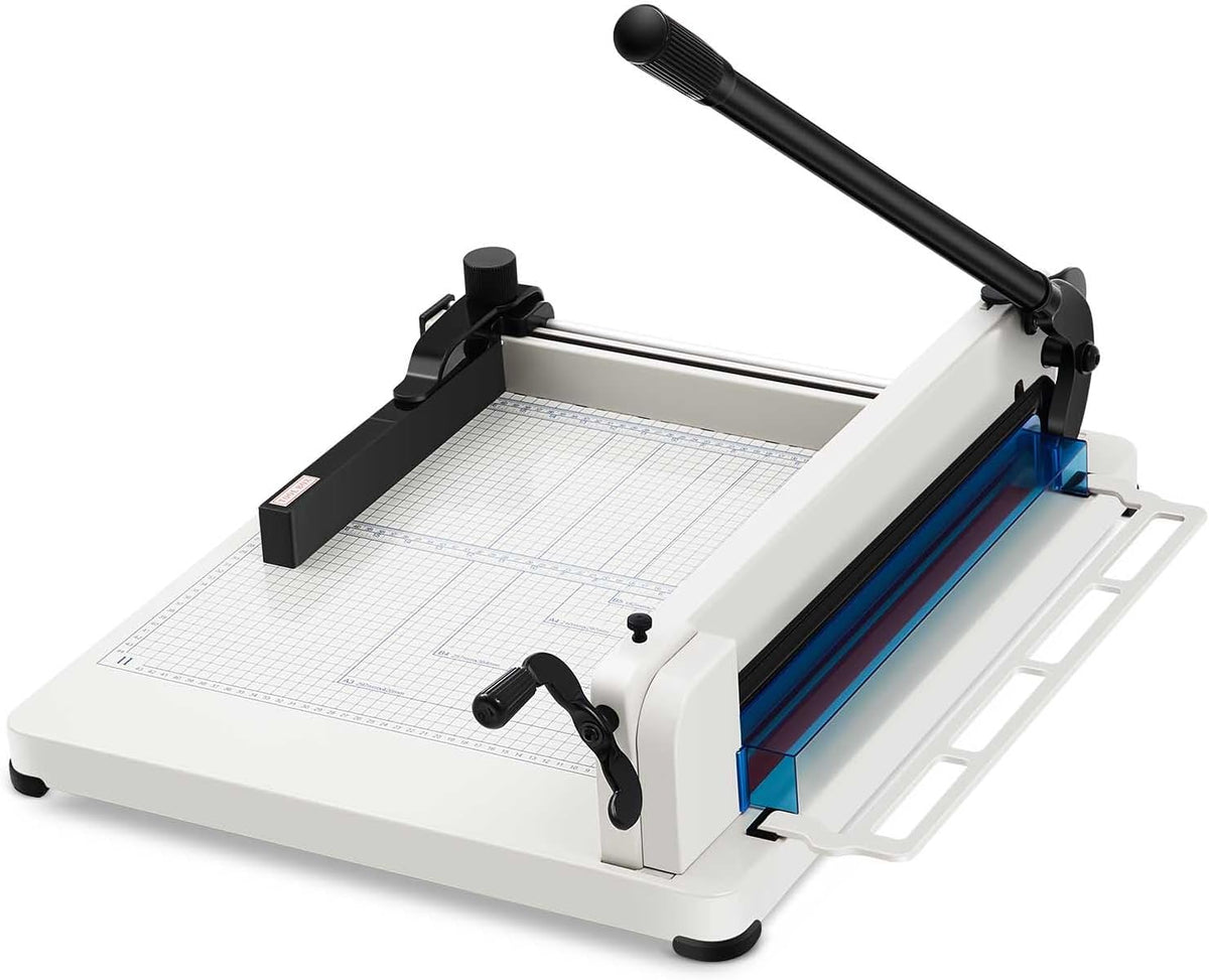 17 Inch A3 Heavy Duty Guillotine Paper Cutter 400 Sheet Capacity Guillotine Paper Cutter Stack Cards Trimmer Solid Steel with Metal Base for Cardstock Leather Office Home School (White)