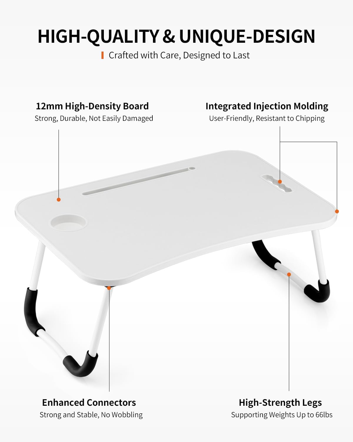 Foldable Laptop Table, Portable Lap Desk Bed Table Tray, Laptop Stand with Cup Holder & Tablet Slot & Lifting Handle for Working Writing Drawing & Eating (White)