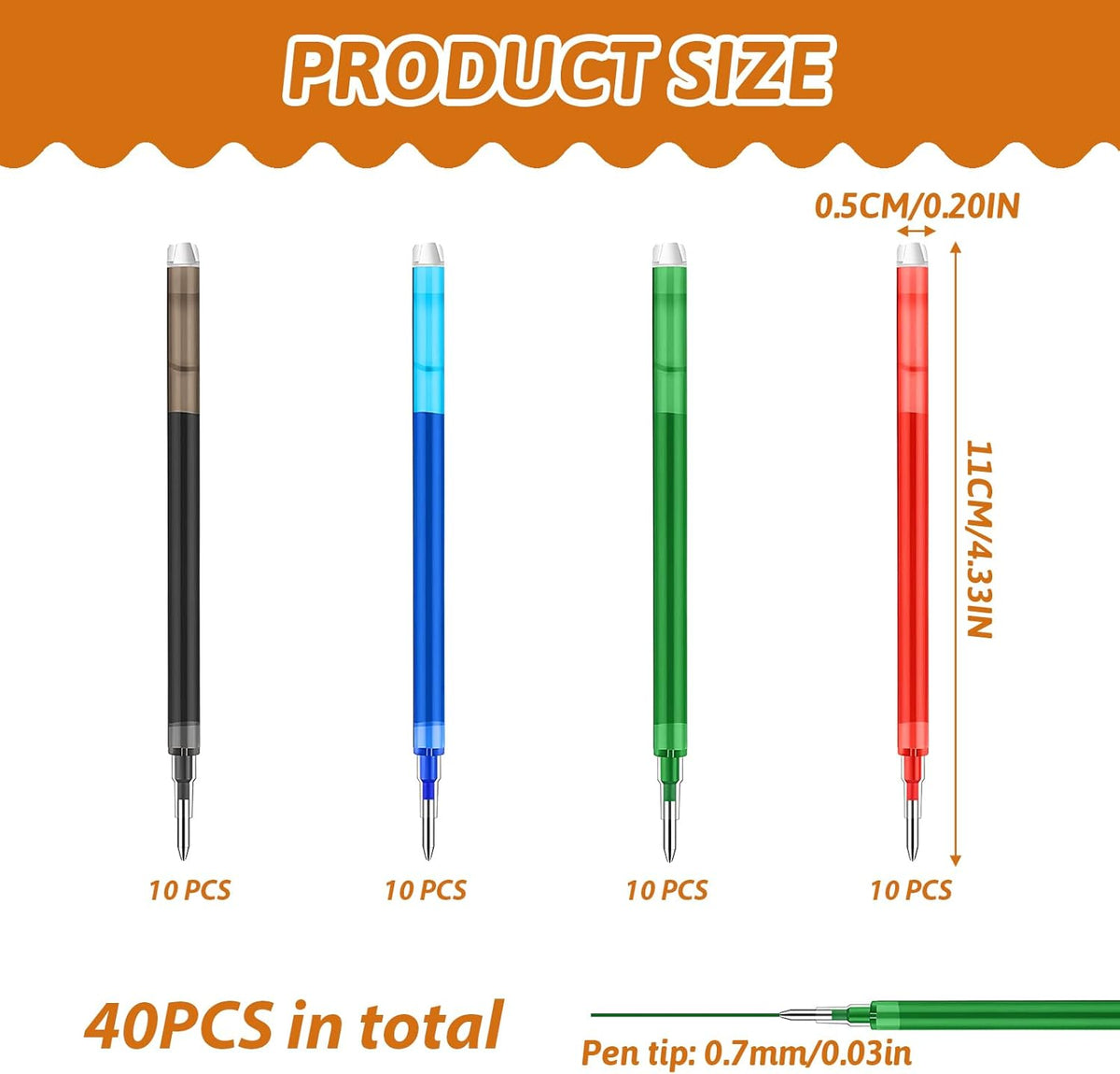 0.7 mm Erasable Gel Ink Pen Refills Compatible with Frixion Friction, Smooth Writing Multicolor Retractable Fine Point Pen Refill for School Office Home Art (4 Colors, 40)
