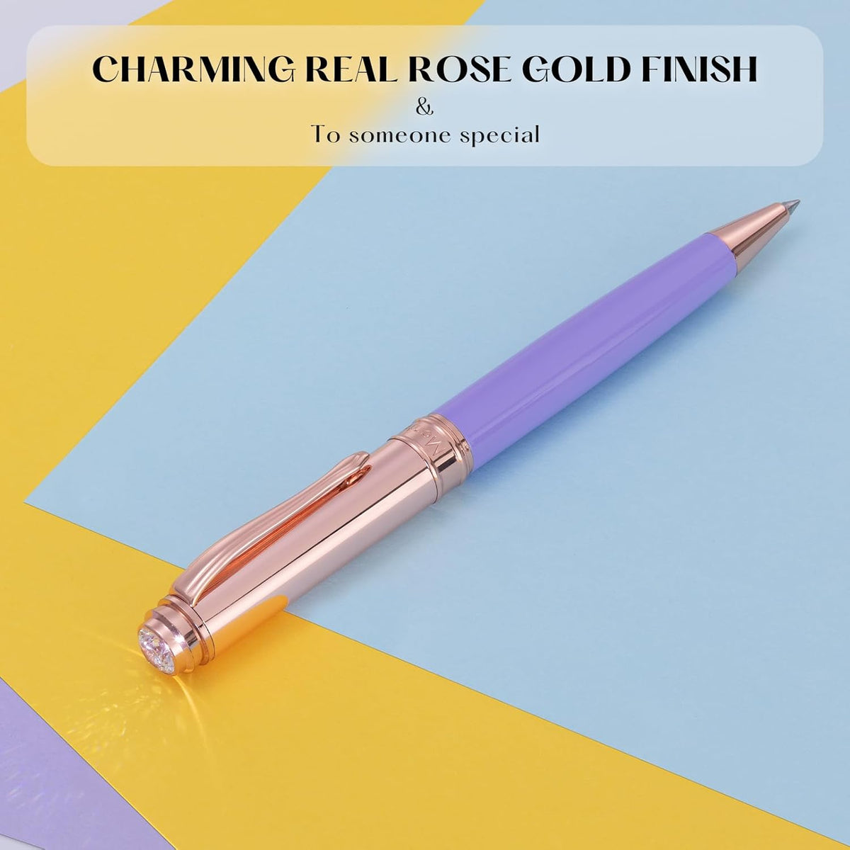 Luxury Gel Pen, Top Set With 8mm Brilliant Diamond,Stylish Purple Pen Body,Attractive Rose Real Gold Finish, Black Ink Refill,Elegant Gift Pen For Women, Unique, Fancy, Office Pens