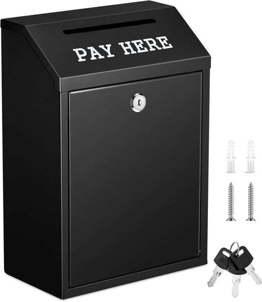 Safe Cash Box Money Collection Metal Donation Box with Lock Wall Mount Pre Drilled Mailbox Delivery Ballot for Home Office Outdoor Self Serve Stand(Black,11.8 x 8.6 x 4.7 Inch)
