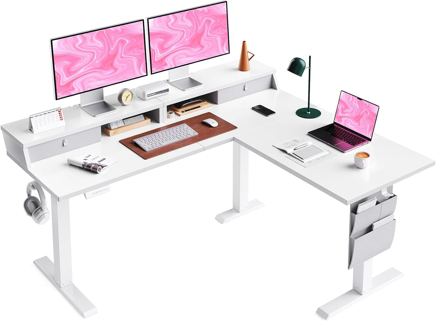 ErGear L Shaped Electric Standing Desk, 63" Ergonomic Corner Height Adjustable Desk with Drawers, Sit Stand Computer Table with Storage for Work Office Home, White
