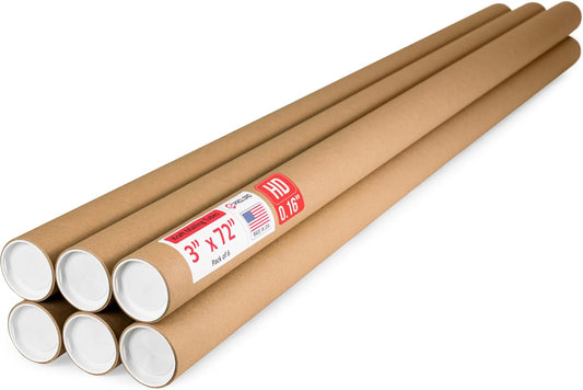 3" x 72" Heavy-Duty Reinforced Cardboard Mailing Tube, Pack of 6 Tubes with 12 Caps – Secure USPS Approved – Great for Shipping and Storing of Prints, Artwork, Posters or Documents