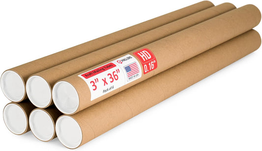 3" x 36" Heavy-Duty Reinforced Cardboard Mailing Tube, Pack of 6 Tubes with 12 Caps – Secure USPS Approved – Great for Shipping and Storing of Prints, Artwork, Posters or Documents