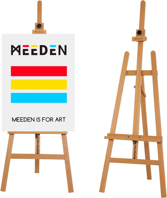 MEEDEN Painting Wooden Art Easel: Solid Beechwood Display Easel Stand Hold Canvas up to 43'' - Adjustable Easel from 57''-76" for Adults Student Studio Gallery - Natural