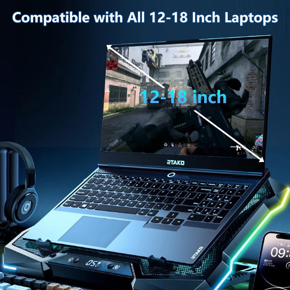 G-STORY Gaming Laptop Cooling Pad, Laptop Cooler with 10 Powerful Turbo Fans for 12-18 Inch Computer Notebook, 1 USB Port, 8 Height Adjustable Cooling Fan Stand