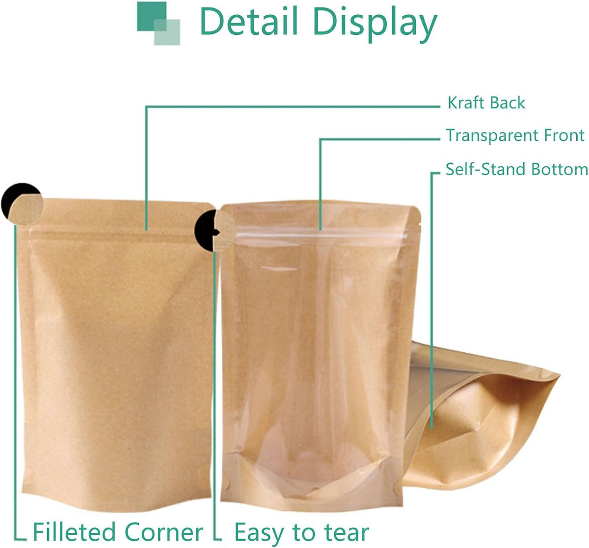 50pcs Kraft Bags With Window Clear Fornt Pouches Resealable Stand Up Zip Lock Food Storage Bags Brown 3.5"x5.5"