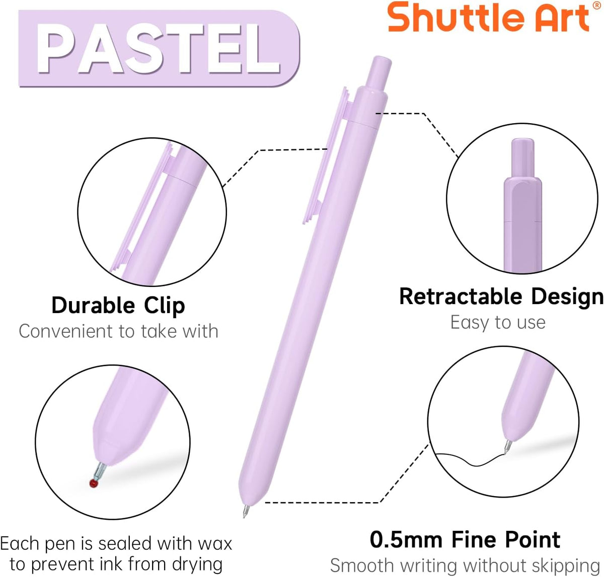 Shuttle Art Retractable Pastel Gel Ink Pens, 15 Pack Black Ink Pens, Cute Pens 0.5mm Fine Point for Writing Journaling Taking Notes School Office Home