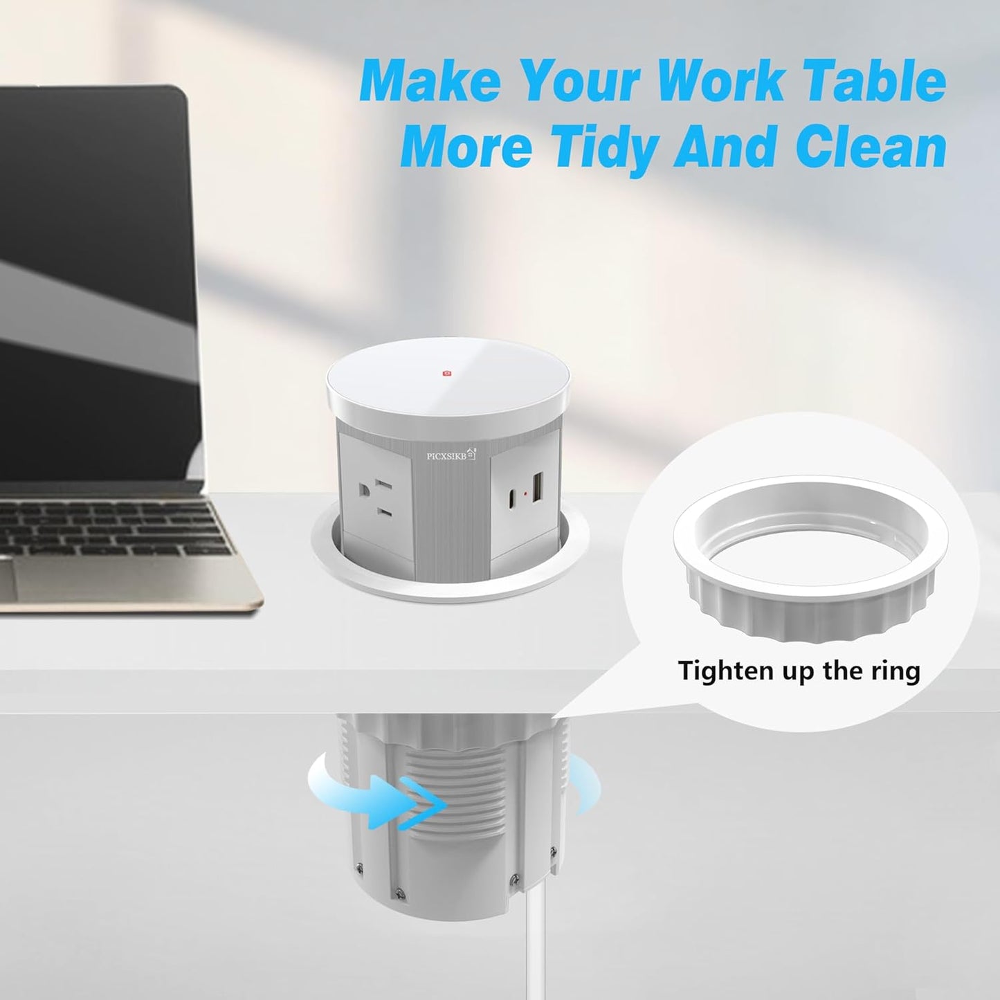 Pop Up Outlet for Countertop 4.33-inch Automatic Pop Up Hidden Outlet Round Pop Up Electrical Outlet with 15W Wireless Charger 1 USB-A & 1 USB-C & 3AC Plug 5 FT Cord for Home Office Kitchen(White)