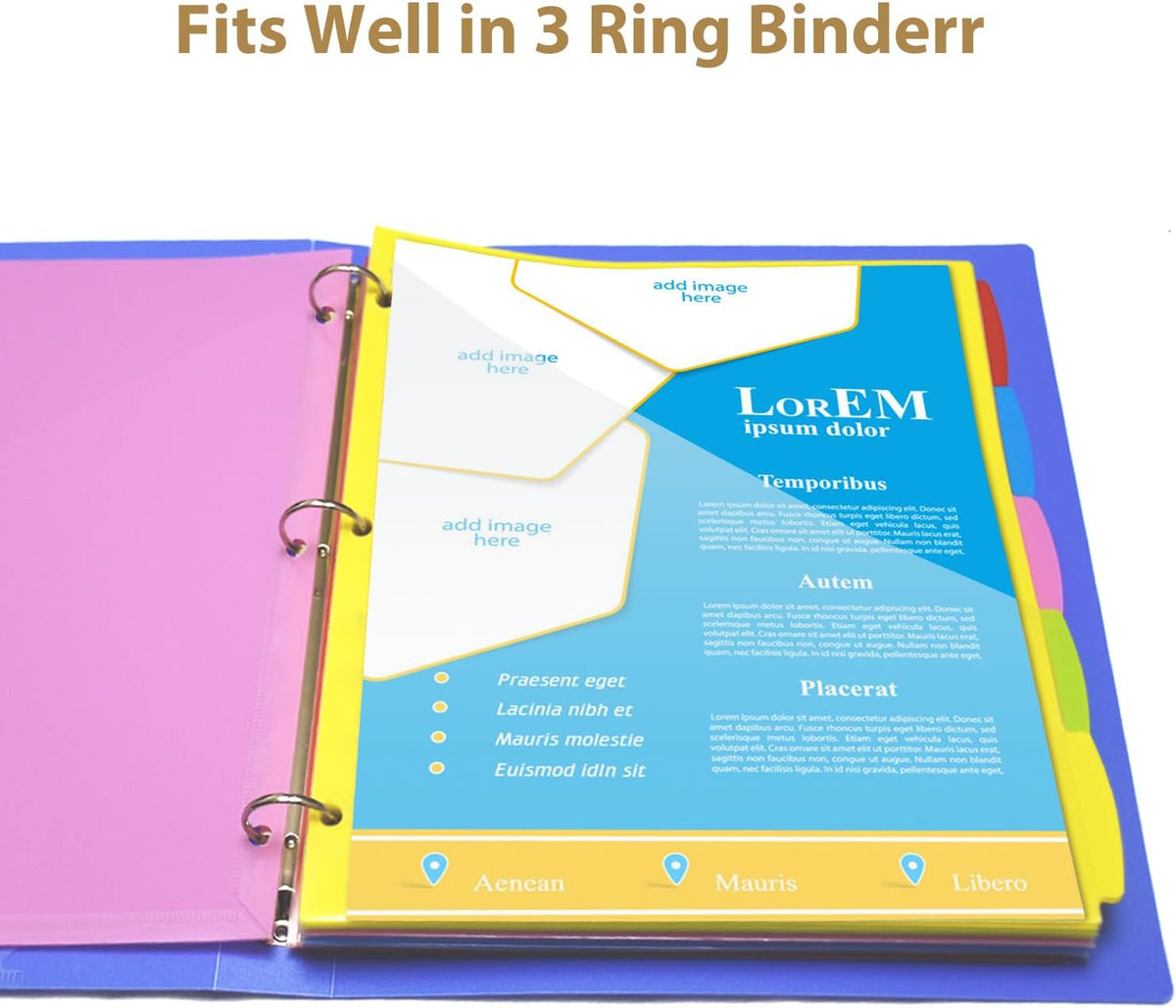 5 Tabs Plastic Dividers with Clear Front Pocket - 3 Sets, Pocket Dividers for 3 Ring Binder, Multi-Color Binder Dividers, Total 15 Tabs