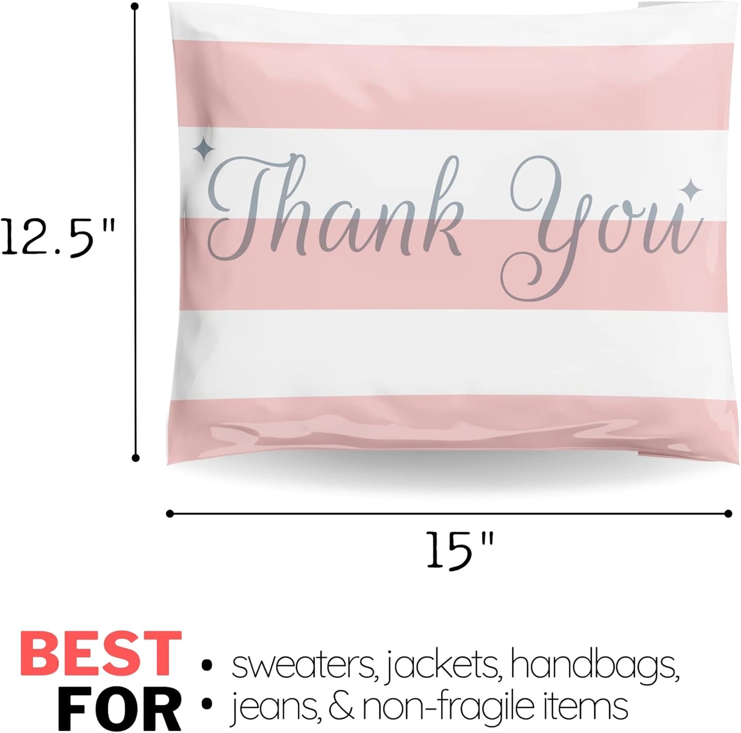 Poly Mailers 12.5x15 50 Pack | Self-Sealing Shipping Bags Envelopes for Small Business | Waterproof Durable Packaging | Thank You | Pink Stripes | à la mode Mailers