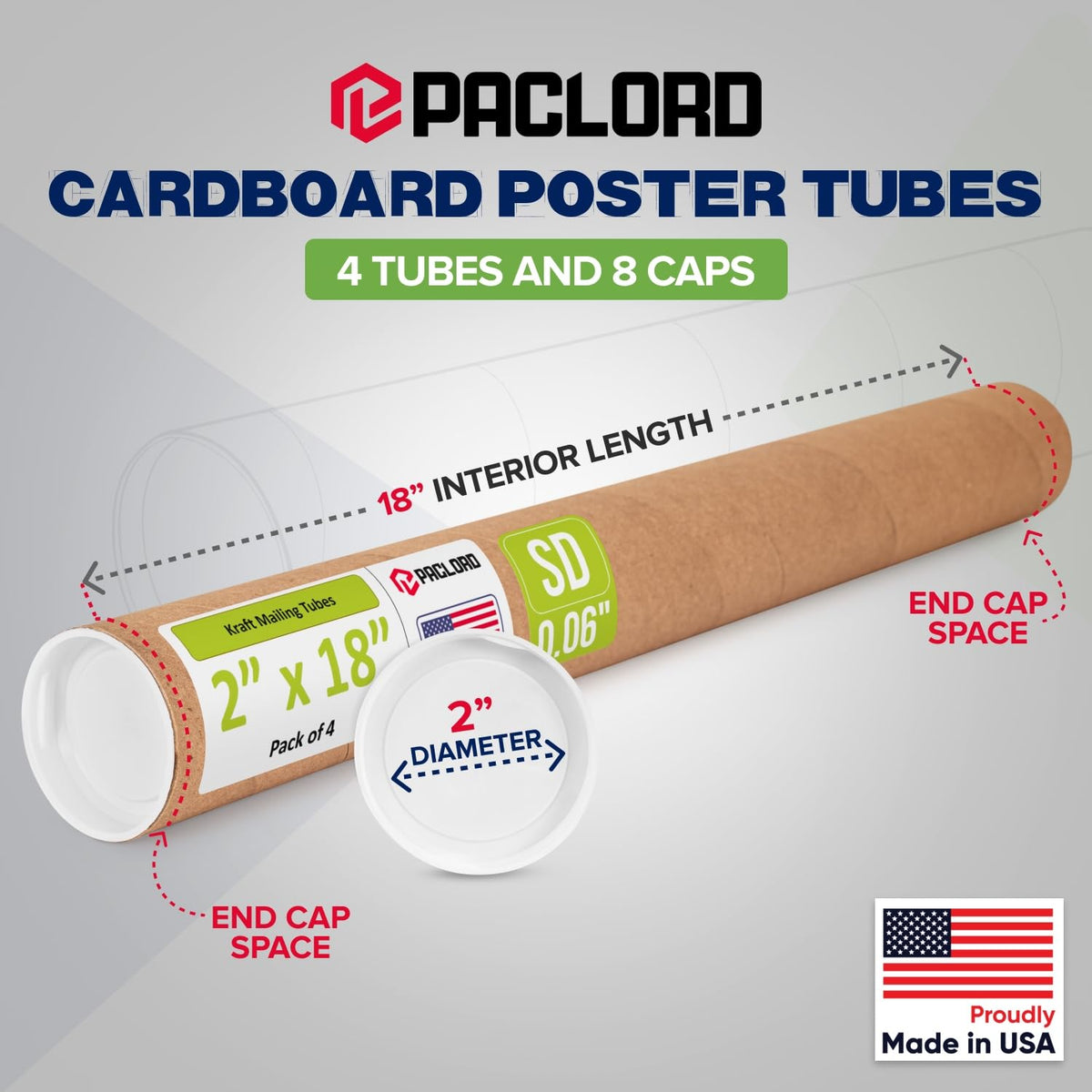 2" x 18" Reinforced Kraft Paper Mailing Tube, Pack of 4 Tubes with 8 Caps – Secure USPS Approved Poster Tube – Cardboard Tube for Shipping and Storing Posters, Prints, Artwork, or Documents