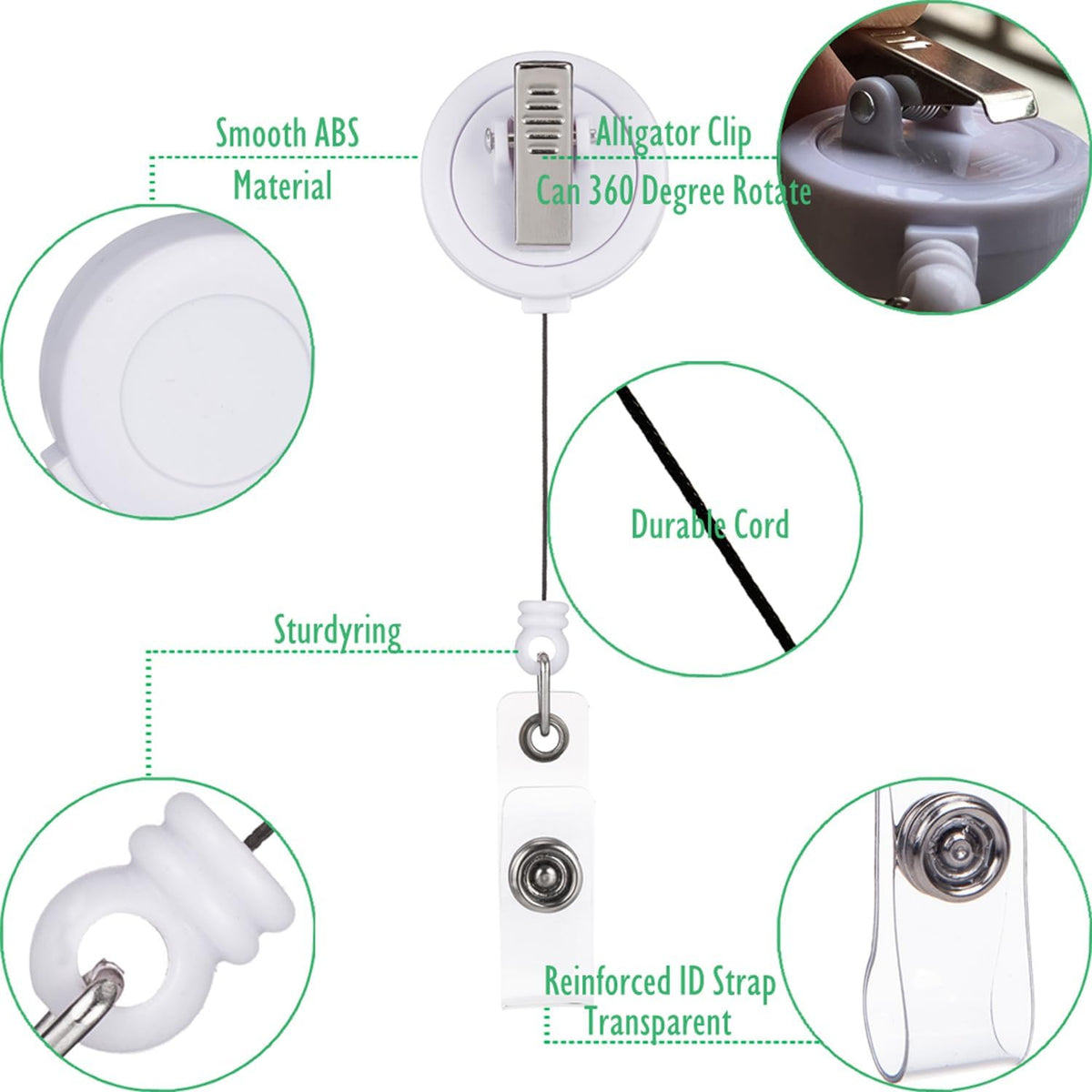 QREEL Retractable Badge Reels - 25 Pack - Badge Holder with Swivel Alligator Clip for Work Permit (White)