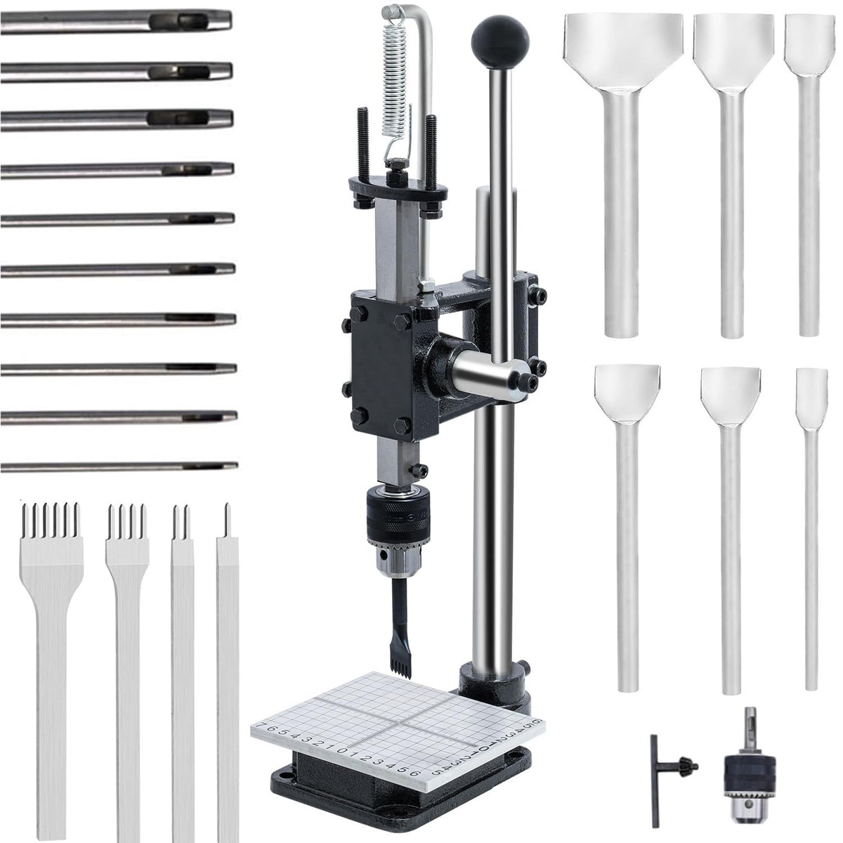 Leather Hole Puncher Hand Punching Machine Manual Press Puncher Punch Tools for DIY Craft (with Chuck, PP Plate and 20 pcs Tools and Aluminum Plate for Leather DIY Craft)