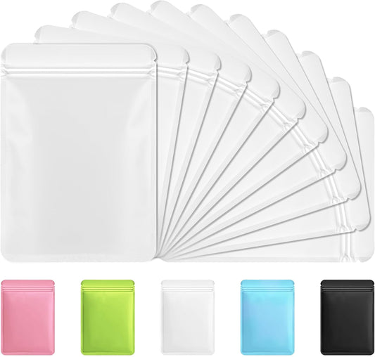 Funfery 100 Pack White Mylar Packaging Bags Resealable Bags Double Sided Color Odor Proof Pouch Baggies Smell Proof Foil Bag for Food Storage,Small Business(White,4.7x7.9inch)