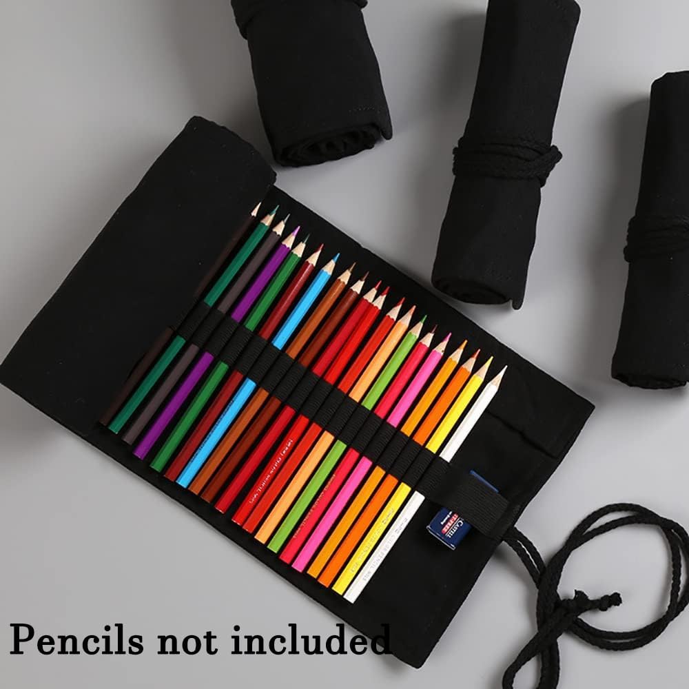 DIYOMR 24/36/72 Slots Pencil Wrap Pencil Rolls, Artist Colored Pencils Roll Up Bag Short Brushes Pouch Case Pencils Organizer for Drawing Coloring and Sketching (Black, 24slots)