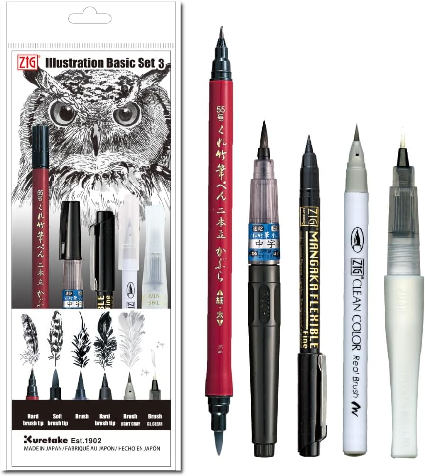 Kuretake Zig Inktober pen set, for Illustration, Manga Drawing, Lettering and Calligraphy, Professional Artist, Made in Japan (Basic No.3(5pcs.))