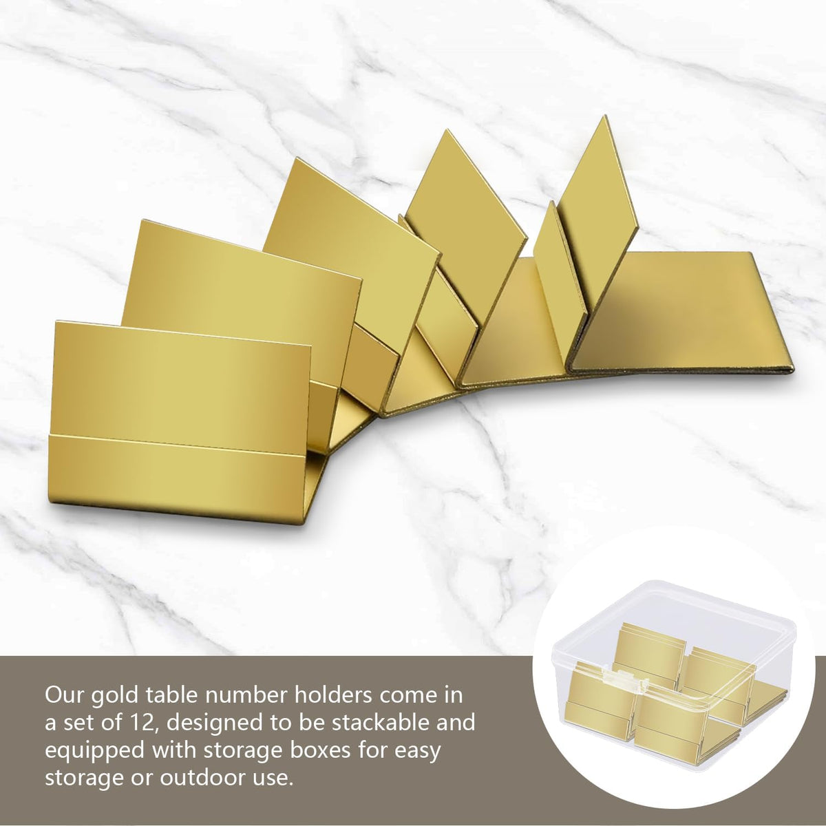 Gold Table Number Holders, Metal Place Card Stands & Picture Holders with Storage Box - Ideal for Weddings, Anniversaries, and Parties, 12-Pack