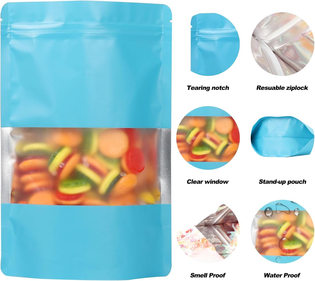 100 Pack Smell Proof Bags, Resealable Mylar Bags with Matte Window, Foil Pouch Stand-up Bags for Food Self Sealing Storage, Scratch Resistant Hand Storage Bags.(Blue, 6.3×9.4 Inch)
