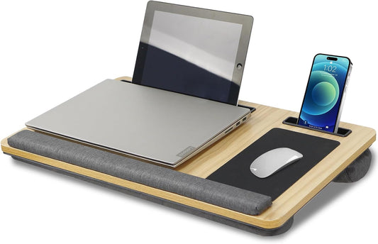 Natural Wood Laptop Tray for Lap - Portable Laps Desk for Lap with Cushion, Lightweight Laptop Lap Tray with Mouse Pad, Fits Laptops Up to 17 Inches, Built-in Mouse Pad, Tablet Phone Holder, Beige