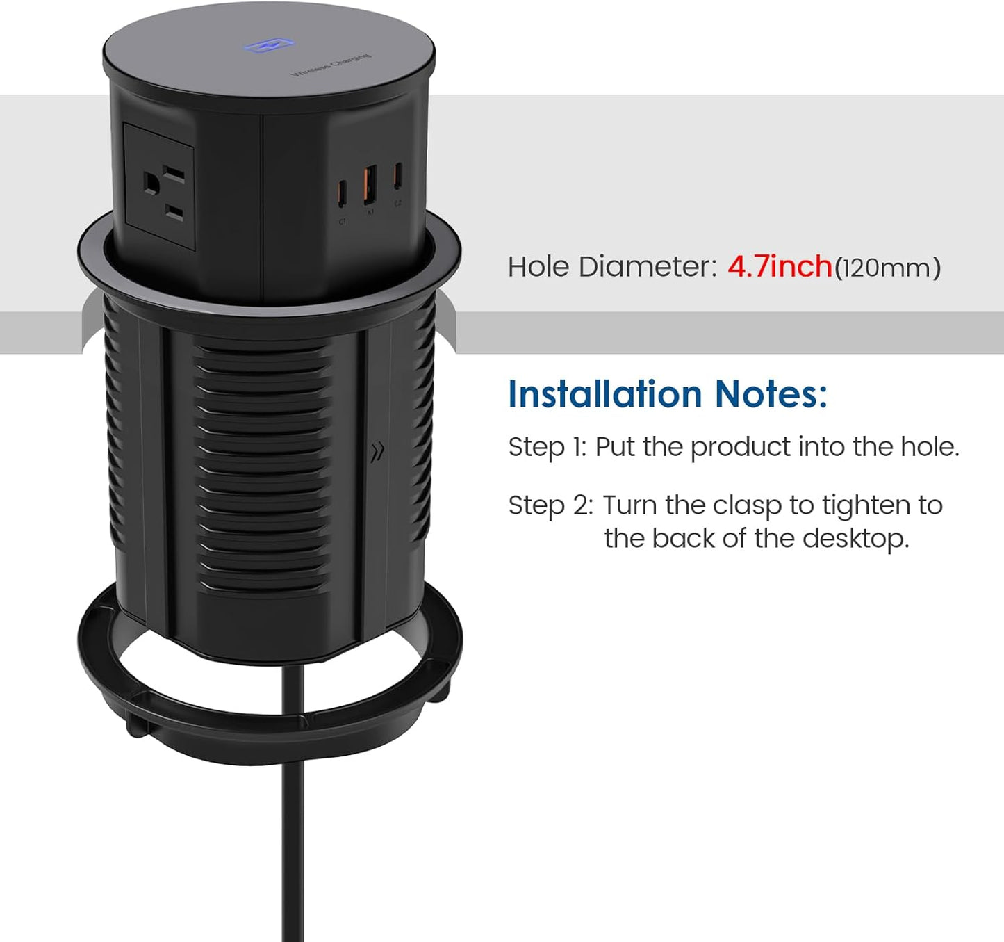Pop up Outlet for Countertop with 15W Wireless Charger,65W USB C Charging Station,4 Outlets,2 USB C,USB A,Tamper Resistant Receptacle,4.7'' Hole Power Grommet,Office Power Supply,Black