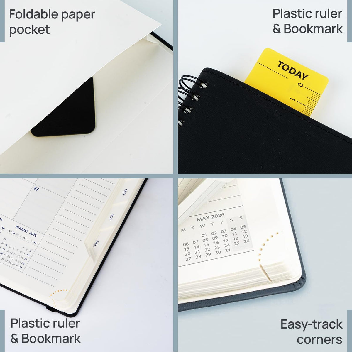 POPRUN 2026 Daily Planner One Page per Day (Medium 6'' x 8.5'') - 12 Months Calendar Appointment Book with Hourly Slots, Inner Pocket, Monthly Tabs, Pen Holder - Cornflower