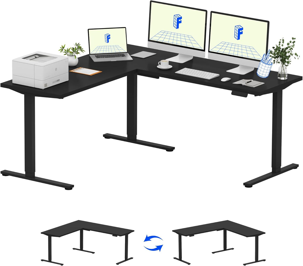 FLEXISPOT L Shaped Standing Desk, 71 x 63 Inch Electric Height Adjustable Corner Desk, Sit Stand Computer Workstation, Preset Controller, Home Office, Black Frame with Black Top