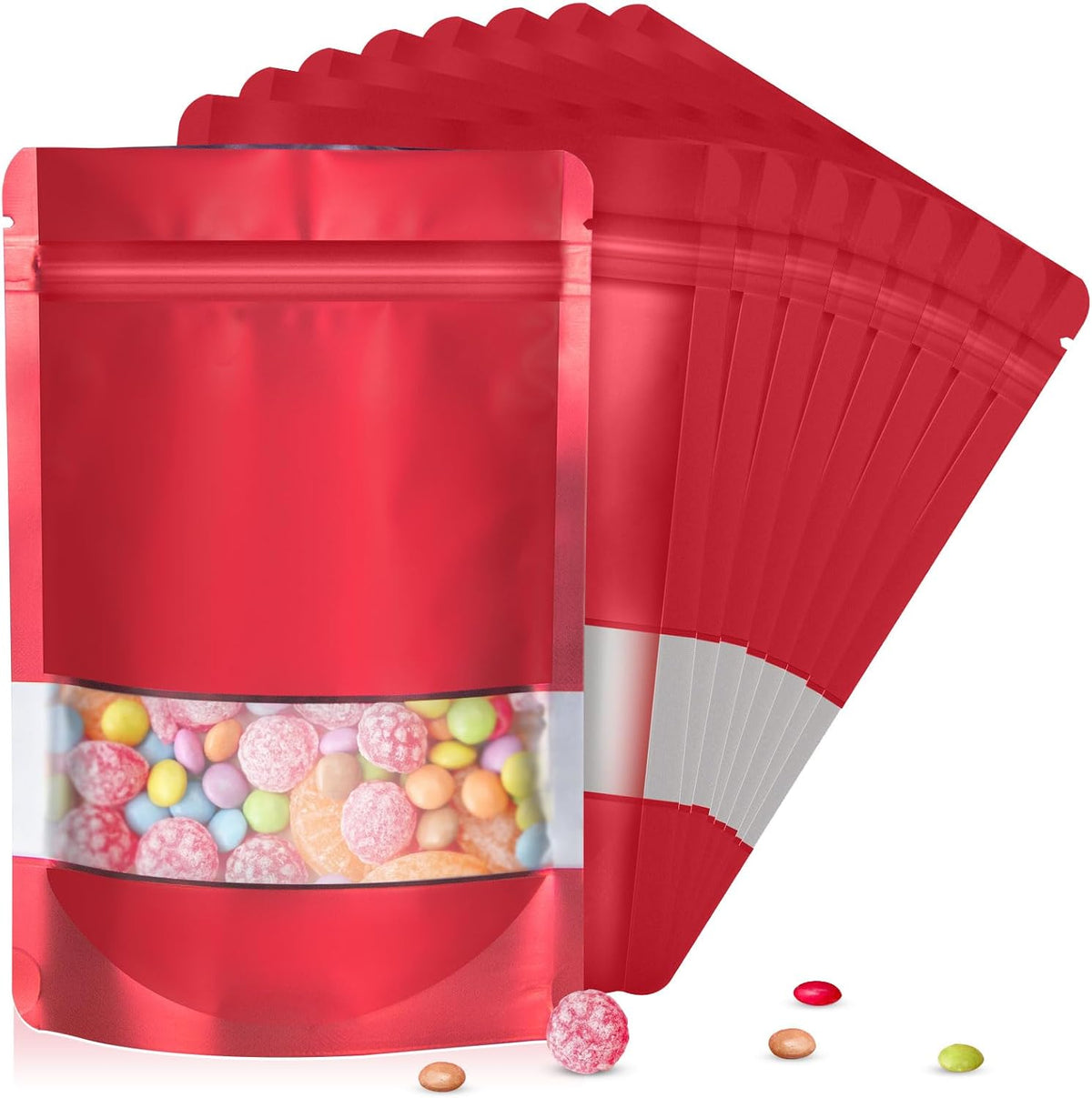 5.9"x8.6" 120pcs Mylar Bags for Food Storage,Smell Proof Bag with Matte Window Resealable Food Storage Bags for Small Business, Stand-up Foil Pouch Packaging Freeze Dried Candy Bag（Red）