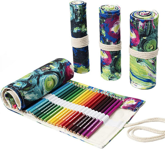 DIYOMR 24/36/72 Slots Pencil Wrap Pencil Rolls, Artist Colored Pencils Roll Up Bag Short Brushes Pouch Case Pencils Organizer for Drawing Coloring and Sketching (Ink Painting, 72slots)