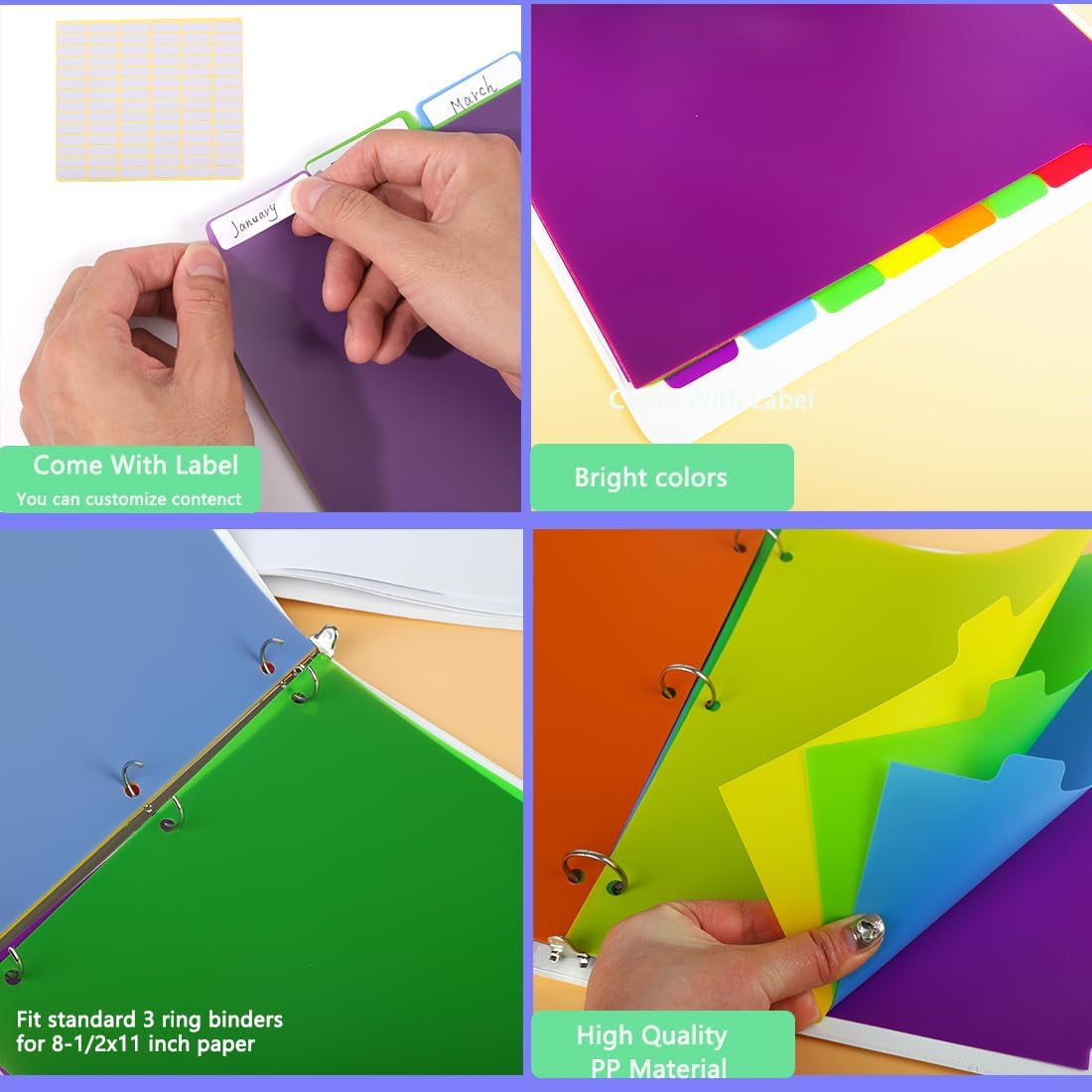 Binder Dividers for 3 Ring Binder, 8 Tab Set, Durable Plastic Dividers with Tabs for Letter Size, Colorful Notebook Dividers for for Office, School