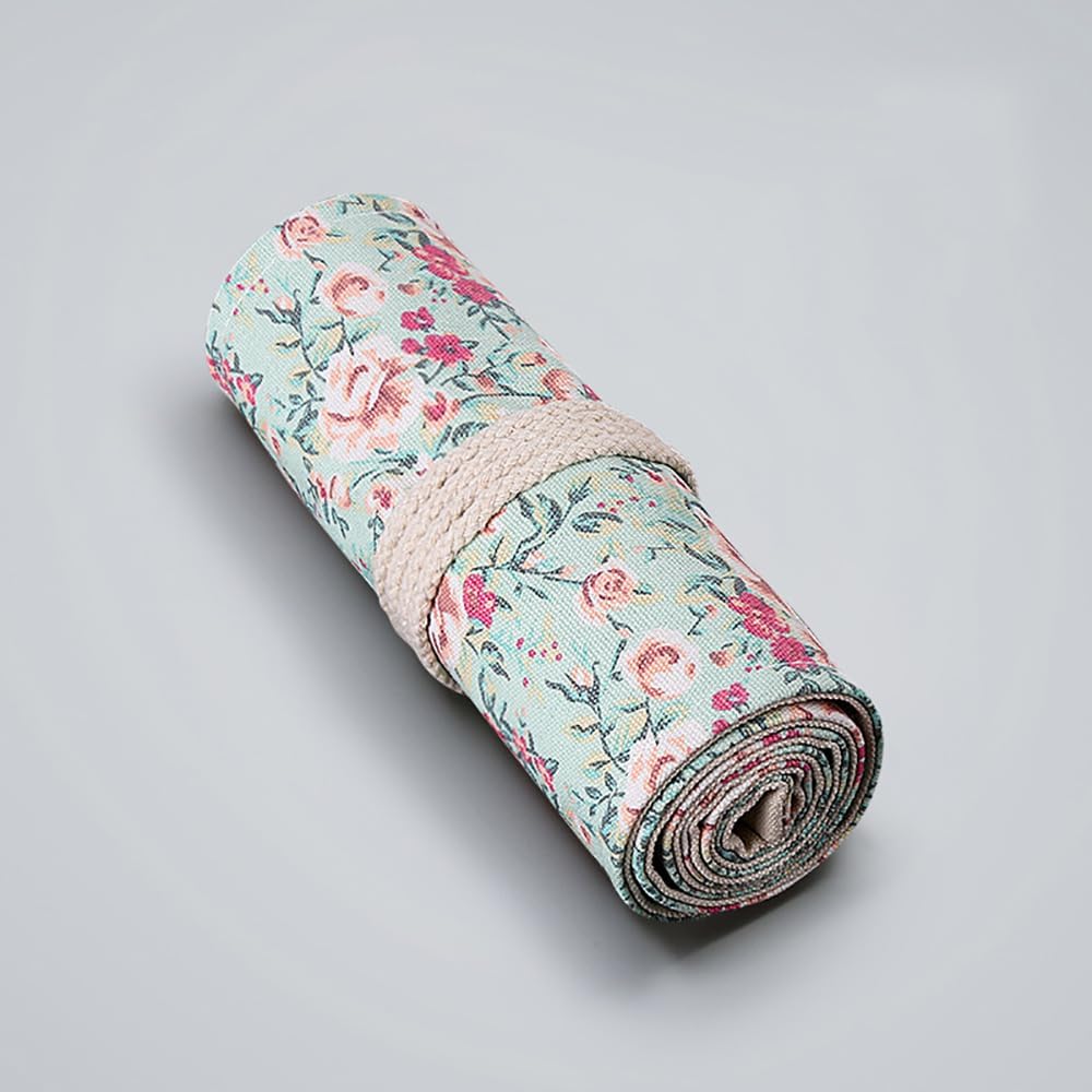DIYOMR 24/36/72 Slots Pencil Wrap Pencil Rolls, Artist Colored Pencils Roll Up Bag Short Brushes Pouch Case Pencils Organizer for Drawing Coloring and Sketching (Small Floral, 24slots)