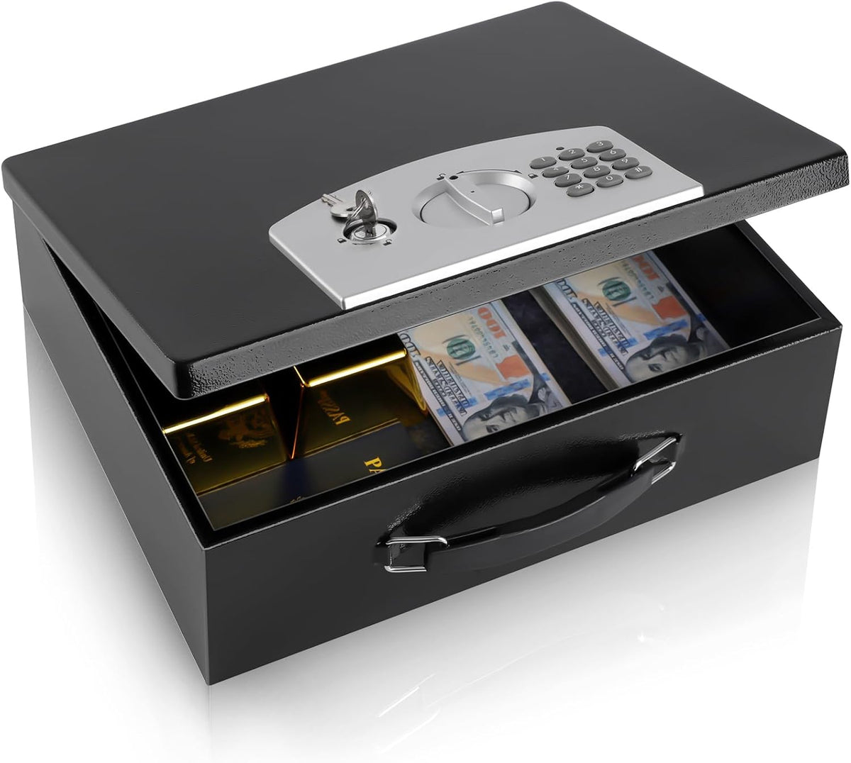 Dalmbox Portable Metal Safe Box with Digital Code Lock,Fire Resistant Storage for Documents, Fireproof Safe Box, Car, Home, Office and Outside, Black Box,Large
