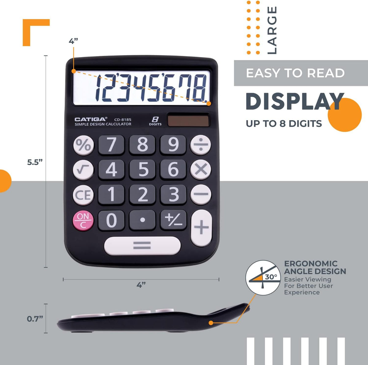 CATIGA Desktop Calculator 8 Digit with Solar Power and Easy to Read LCD Display, Big Buttons, for Home, Office, School, Class and Business, 4 Function Small Basic Calculators for Desk, CD-8185 Black