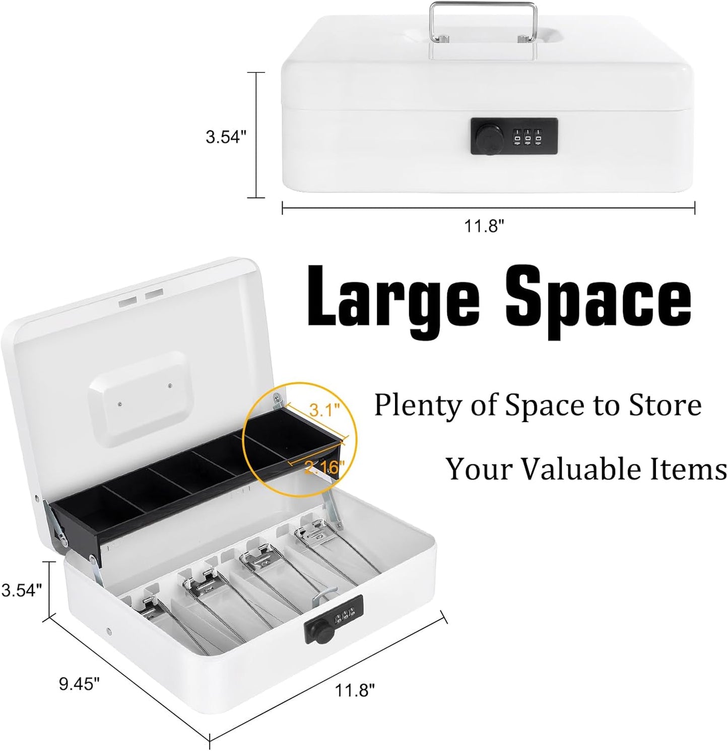 Cash Box with Money Tray and Combination Lock, Large Money Box for Cash Regiser, Safe Lock Box for Money Saving Metal 11.8"x9.45"x3.54" White XL Large
