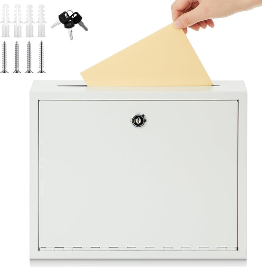 Metal Donation Box Suggestion Box with Slot and Lock-Cash for Money-Waterproof Drop Comment and Ballot Voting for Easy Wall mounting(White,12 x 10 x 3 Inches