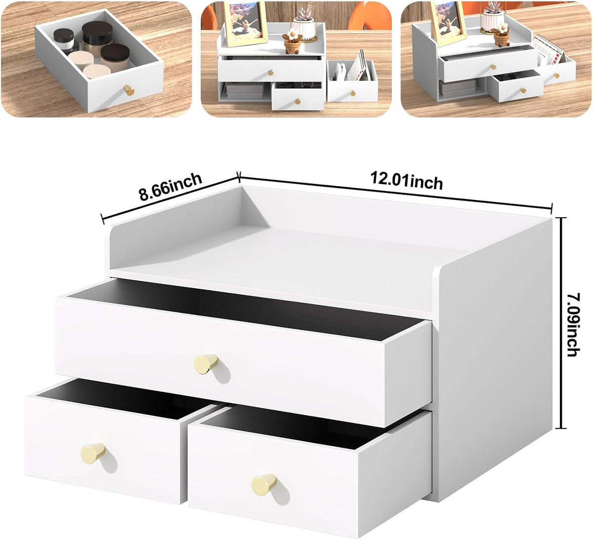 Bamboo Desk Organizer with Drawers Wooden Desktop Storage Organization Box for Bills Office Supplies Kitchen Utensils Organizing Tool for Home Classroom Vanity, No Assembly Required (3 Drawers, White)