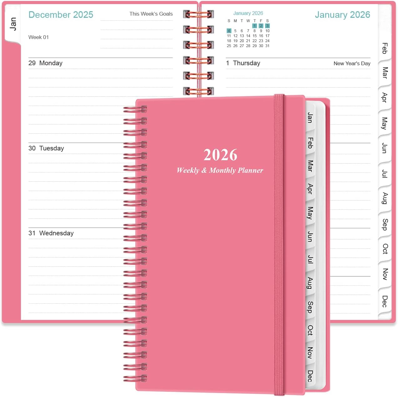 2025-2026 Pocket Planner/Calendar - 2025-2026 Planner from July 2025 - June 2026, Planner 2025 with 12 Tabs, Twin-Wire Binding, Inner Pocket, 3.75" x 6.75, Pink