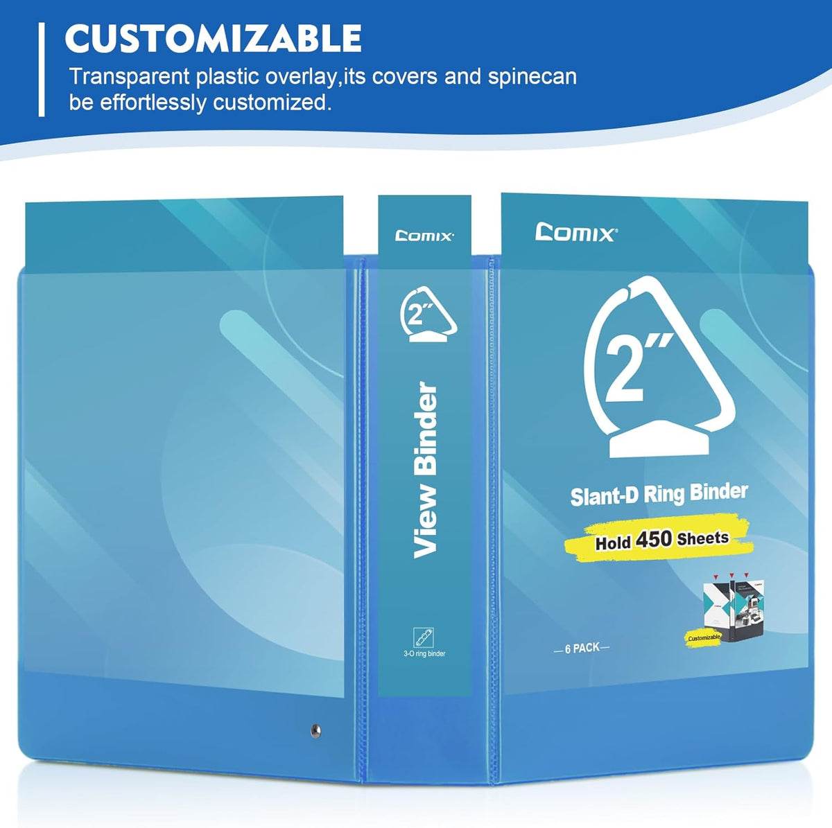 COMIX Sturdy 3 Ring Binder 2 inch with Clear View Cover, 2" Slant-D Ring View Binder Holds 500 Sheets of US Letter Size Paper, 6 Pack (Light Blue)