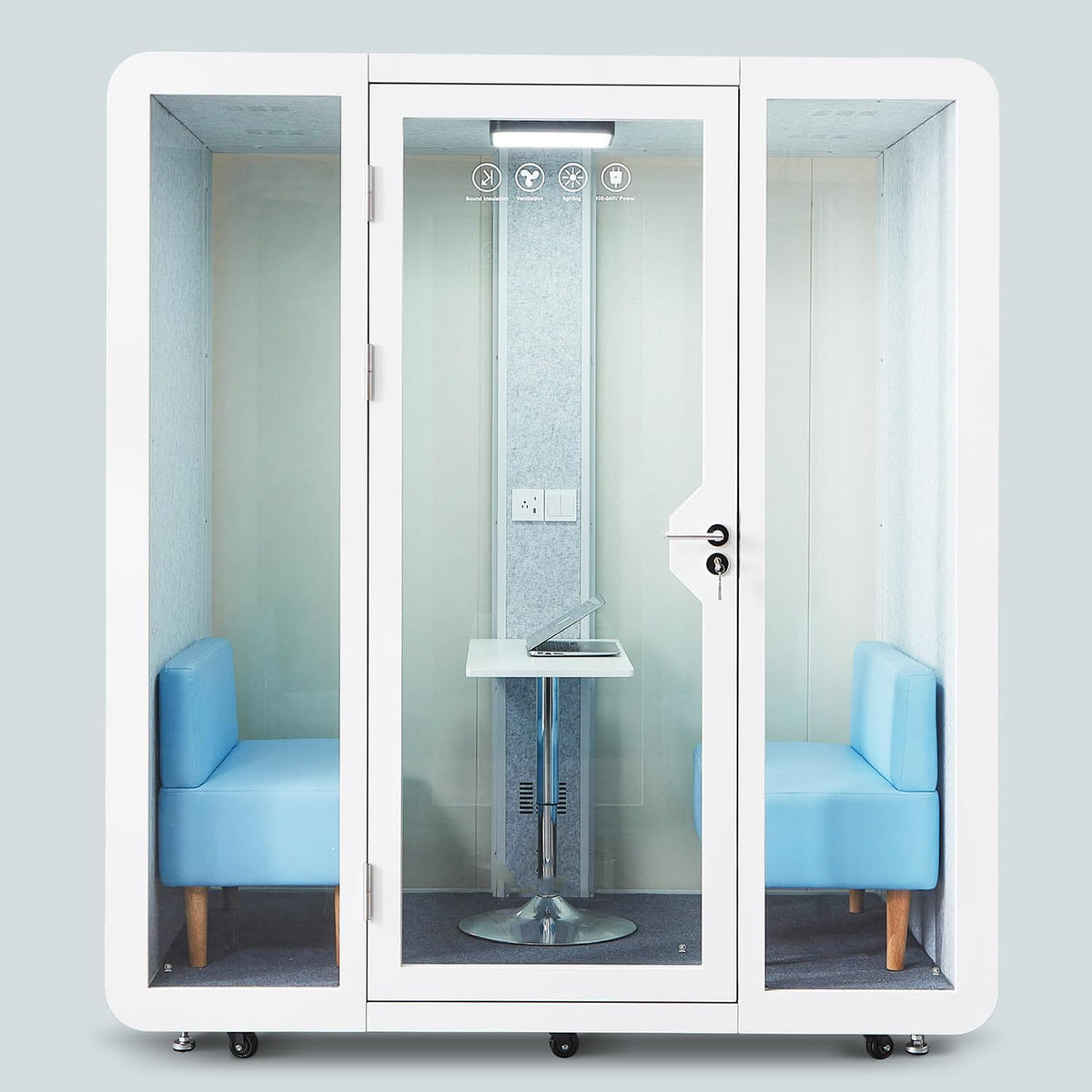 Mobile Office Pod Booth, Sound Pod, Large Space SoundProof Pod 2-4 People, Sound Booth Mobile Roller, LED Lighting, Centrifugal Fans and AC USB Ports - for 2-4 Persons White