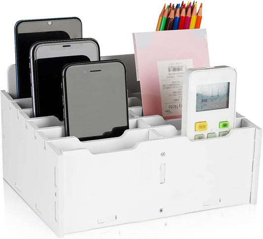 Wooden 12-Compartment Desktop Organizer Multifunctional Storage Box Desk Supplies for Cell Phones Holder White (12-Grid)