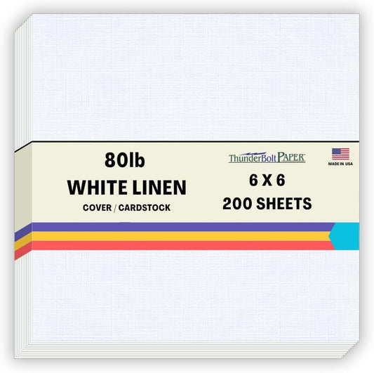 200 Bright White Linen 80# Cover Paper Sheets - 6X6 Inches Square Scrapbook Album Size - 80 lb/pound Card Weight - Fine Linen Textured Finish - Quality Cardstock