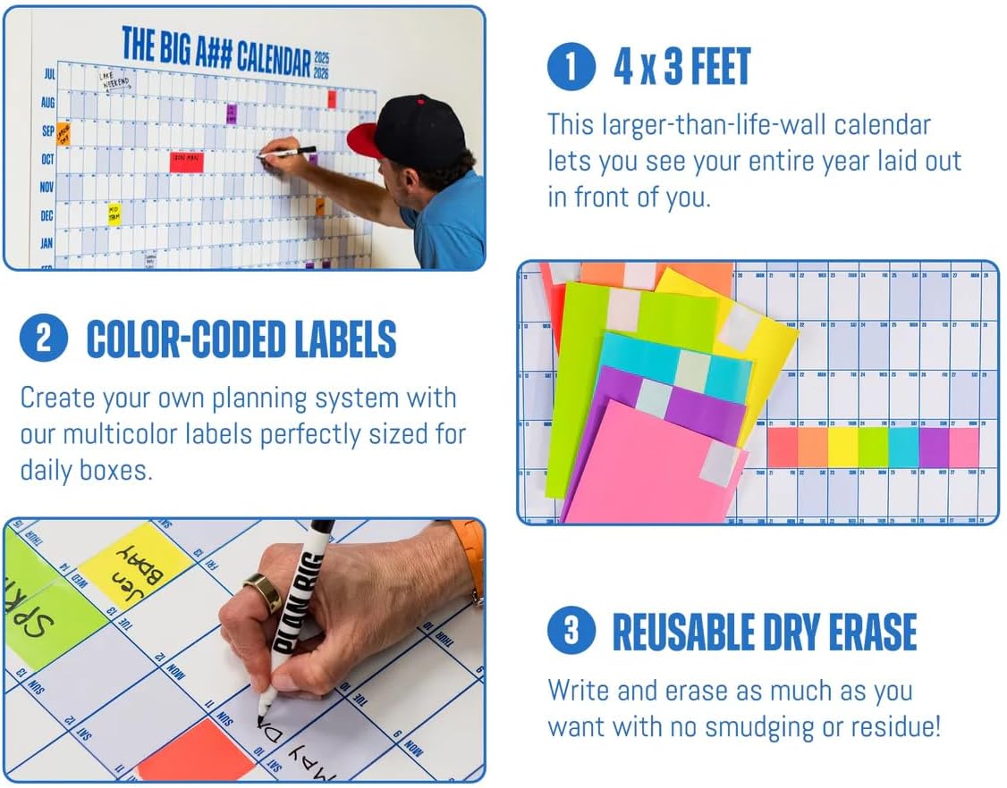 The Big A## Calendar Mid-Year Wall Planner – July to June Dry-Erase – Includes 1 Markers & 100 Labels – Lightweight, Easy to Hang Yearly Planner – Plan Goals & Adventures – Gray, 4’x3’