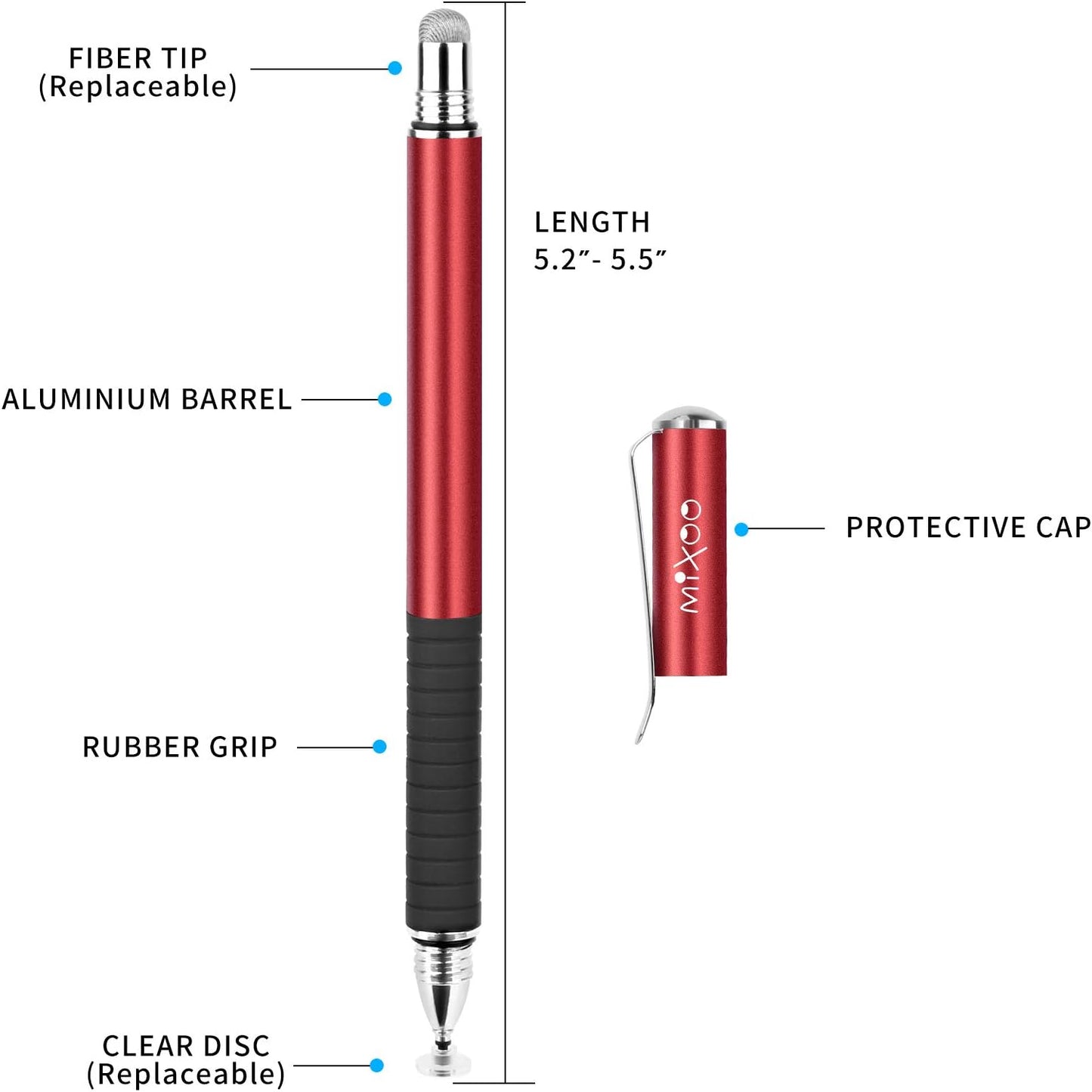 Mixoo Stylus Pens for Touch Screens - Disc & Fiber Tip 2 in 1 High Sensitivity Universal Stylus for iPad, iPhone, Tablets and Other Capacitive Touch Screens (Red)