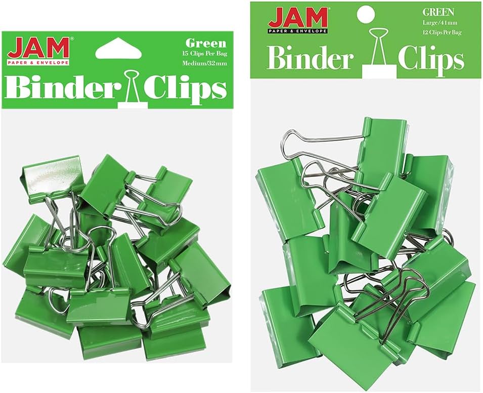 JAM PAPER Colorful Binder Clips Assortment - Medium & Large Size - Green Binderclips - 27 Clips/Pack