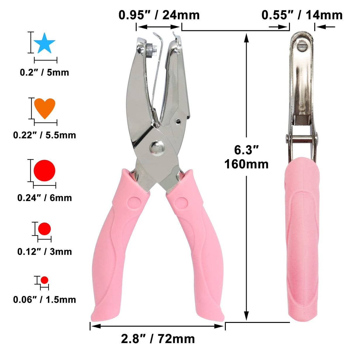 CheeMuii 5 Pieces Metal Handheld Paper Punch Single-Hole Tag Punch Set with Plastic Handle for Heart Circle Star Holes for DIY Craft Tags